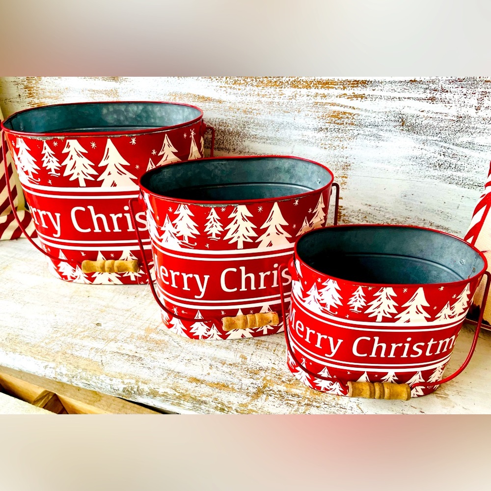 Merry Christmas Festive Red Oval Pails 3 Pc Set